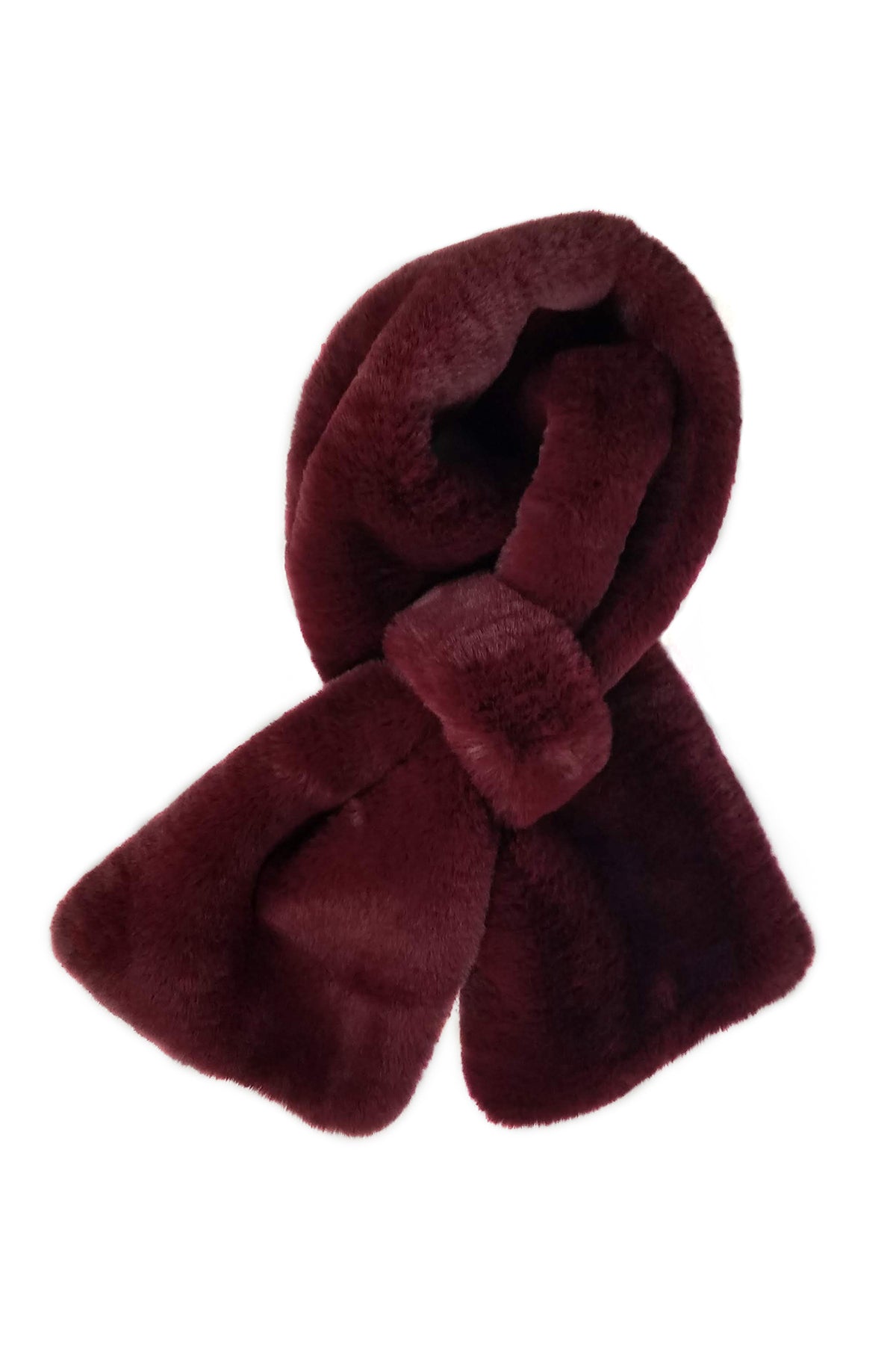 A Velvet by Graham & Spencer burgundy faux fur pull thru scarf on a white background.-23973006934209