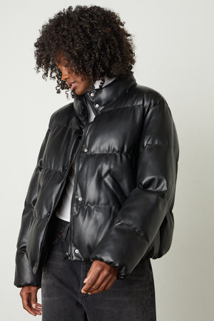 Ally Faux Leather Puffer Jacket in black front