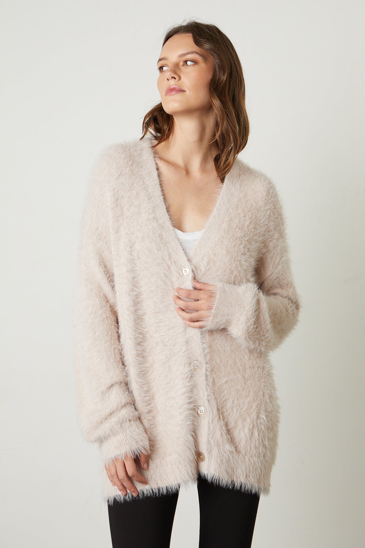  Barb Feather Yarn Button Front Cardigan in pale blush pink front-25985016824001