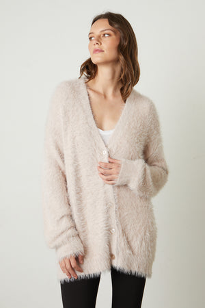 Barb Feather Yarn Button Front Cardigan in pale blush pink front