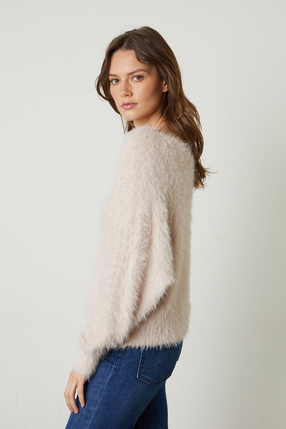   Betty Feather Yarn Boat Neck Sweater in pale blush pink side 