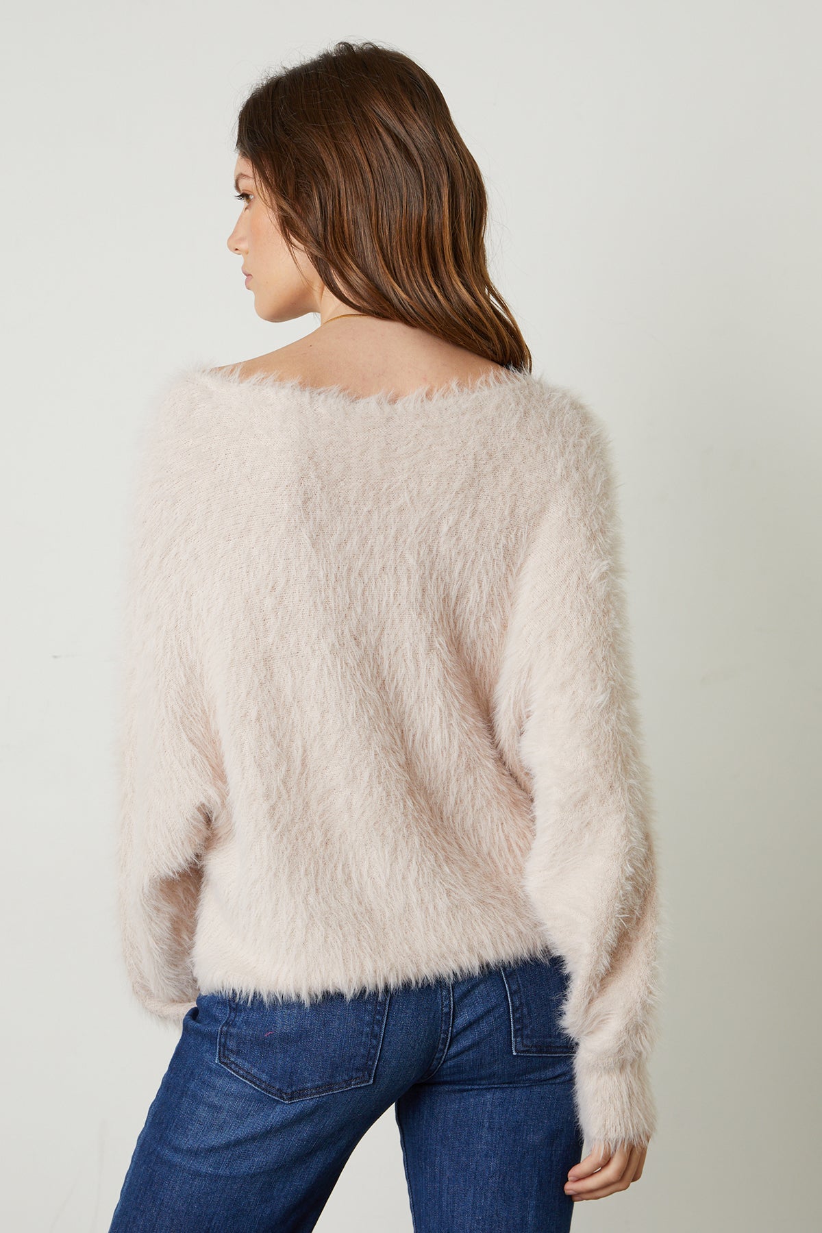  Betty Feather Yarn Boat Neck Sweater in pale blush pink back 