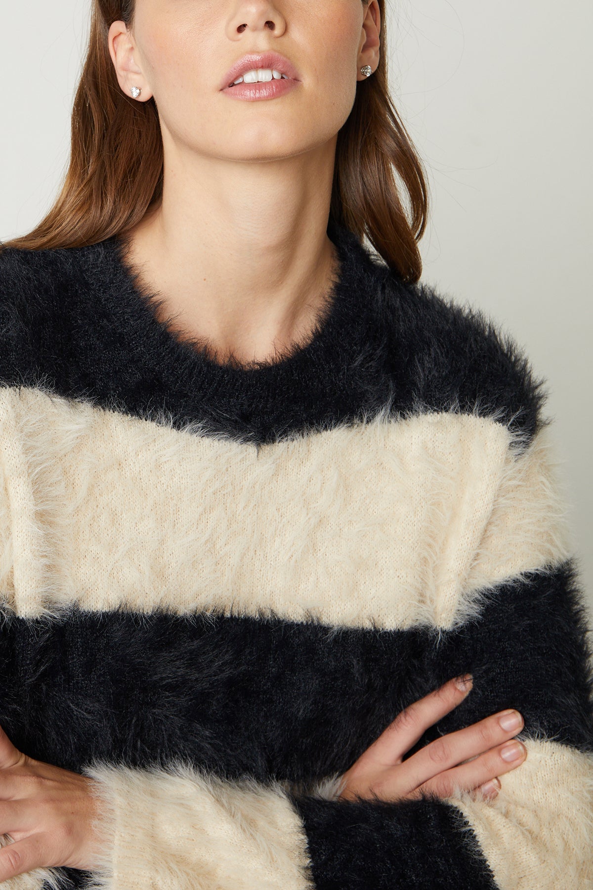   Gianna Feather Yarn Crew Neck Sweater with broad black and milk stripes front detail 