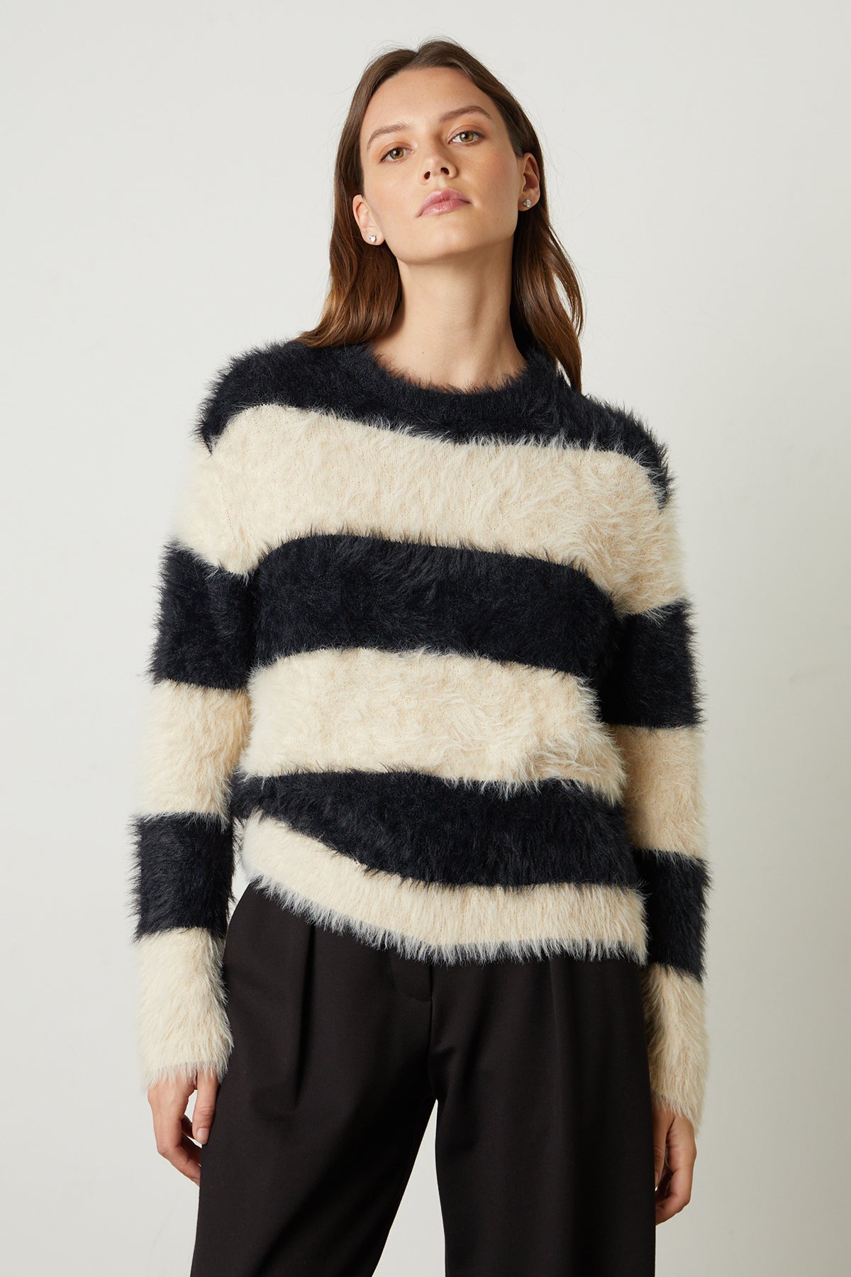   Gianna Feather Yarn Crew Neck Sweater with broad black and milk stripes front 