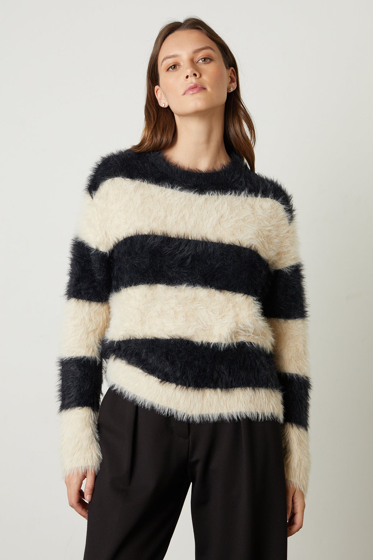 Gianna Feather Yarn Crew Neck Sweater with broad black and milk stripes front-25669133336769