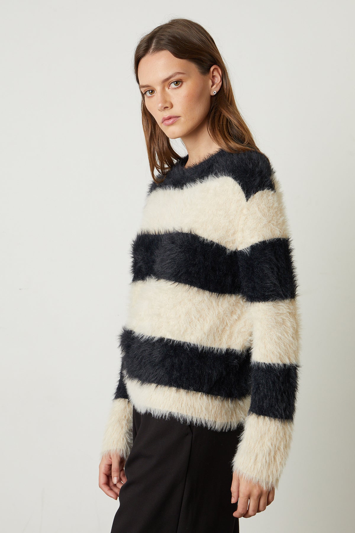 Gianna Feather Yarn Crew Neck Sweater with broad black and milk stripes side-25669133435073
