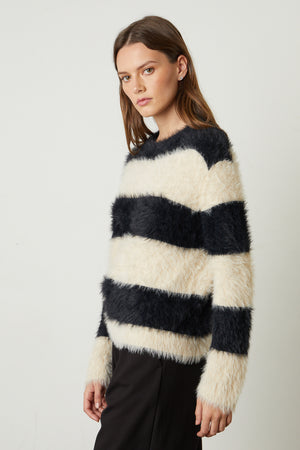 Gianna Feather Yarn Crew Neck Sweater with broad black and milk stripes side