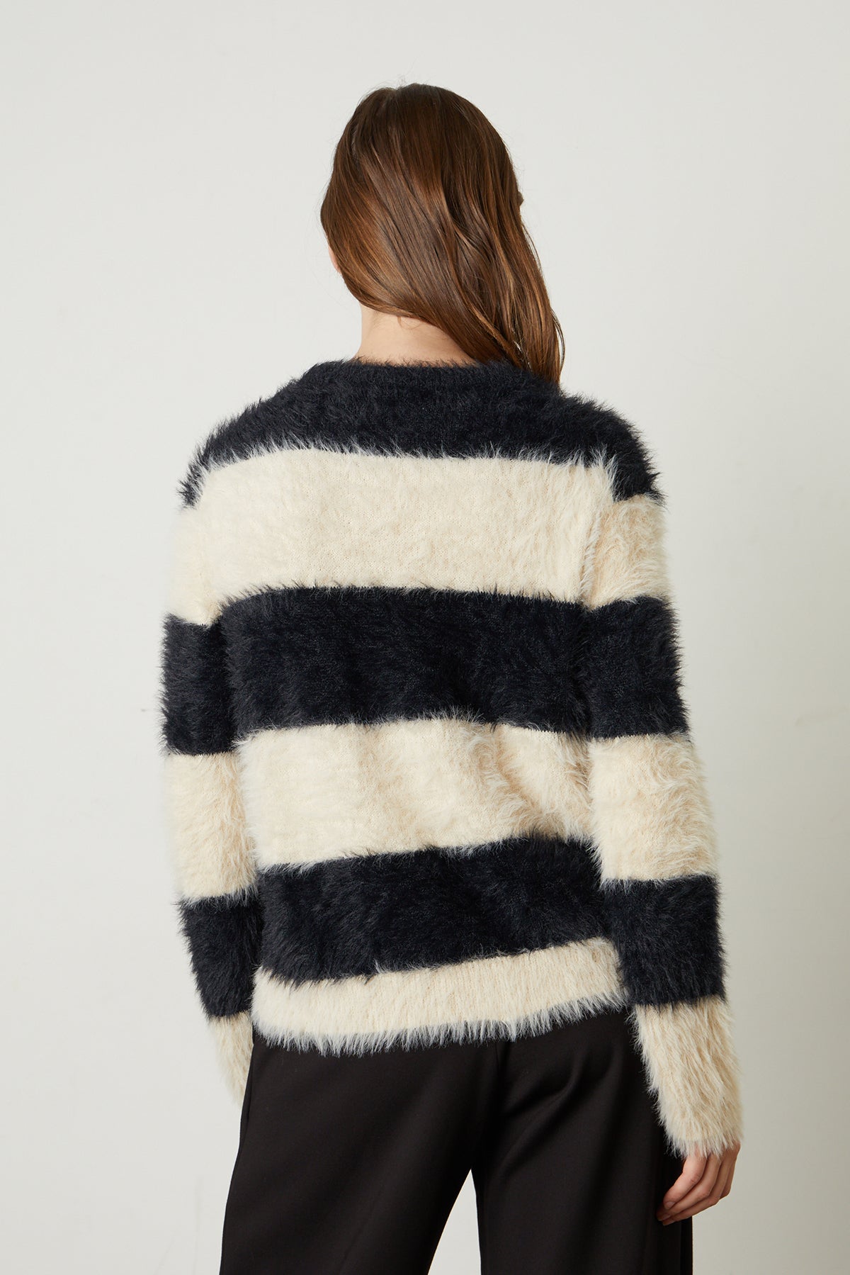   Gianna Feather Yarn Crew Neck Sweater with broad black and milk stripes back 