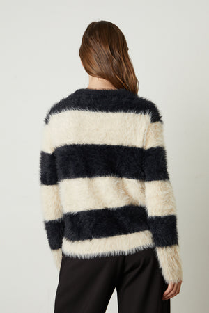 Gianna Feather Yarn Crew Neck Sweater with broad black and milk stripes back