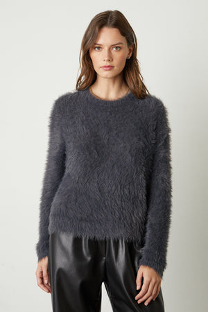 Ray Feather Yarn Crew Neck Sweater in charcoal front