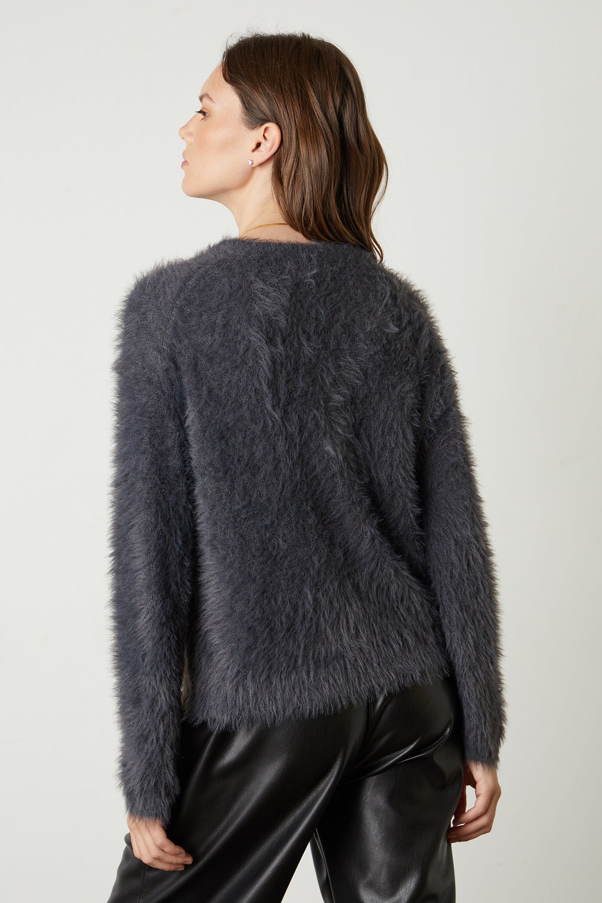   Ray Feather Yarn Crew Neck Sweater in charcoal back 