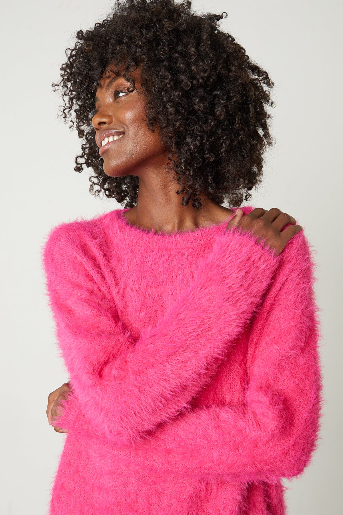 Ray Feather Yarn Crew Neck Sweater in hot pink front detail-25444377297089