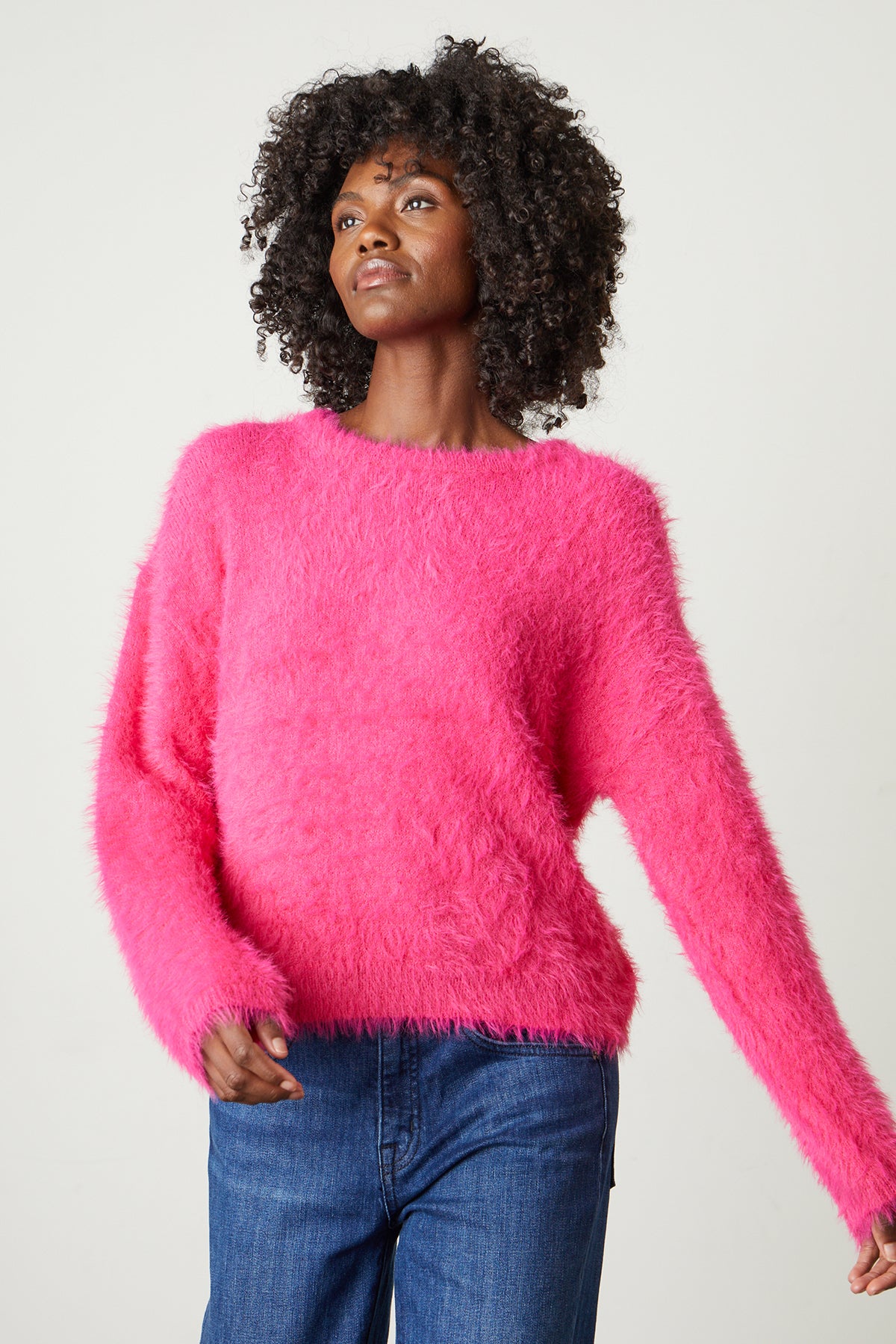 Ray Feather Yarn Crew Neck Sweater in hot pink front-25444377362625