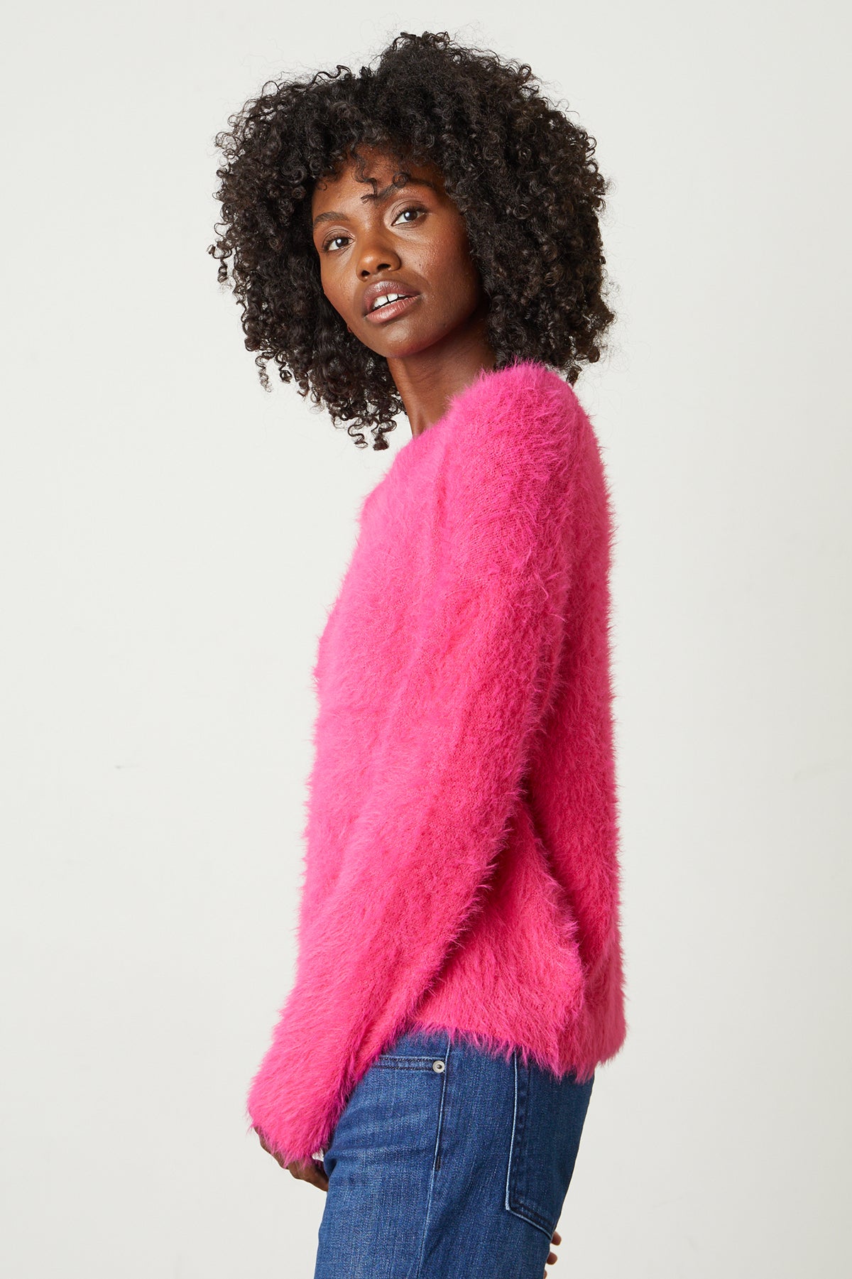   Ray Feather Yarn Crew Neck Sweater in hot pink side 