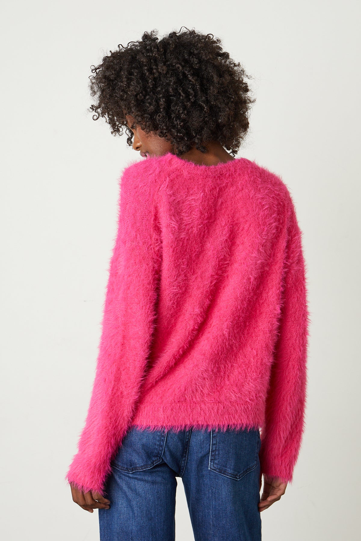   Ray Feather Yarn Crew Neck Sweater in hot pink back 