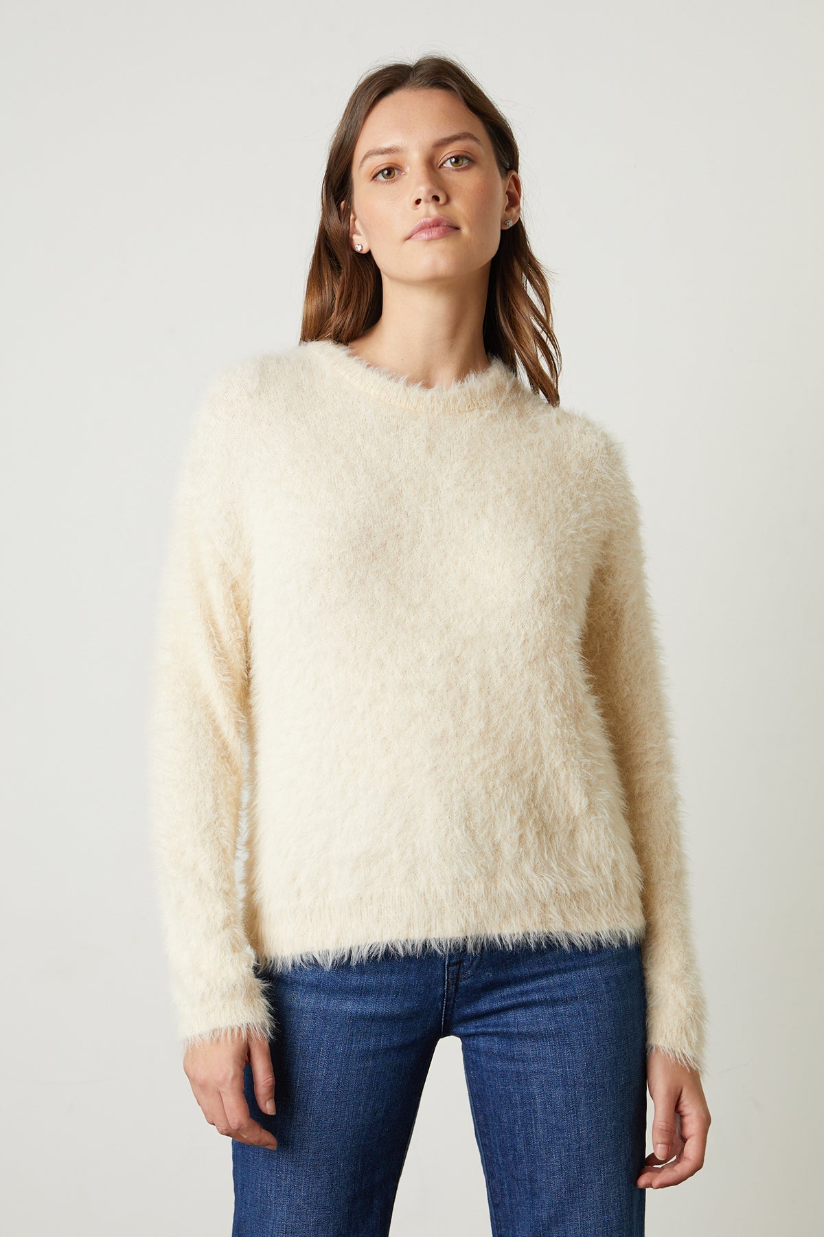 Ray Feather Yarn Crew Neck Sweater in milk front with blue denim-25444375888065
