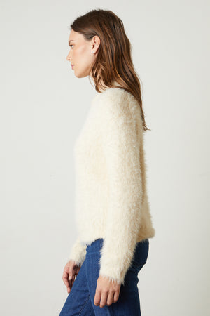 Ray Feather Yarn Crew Neck Sweater in milk side with blue denim