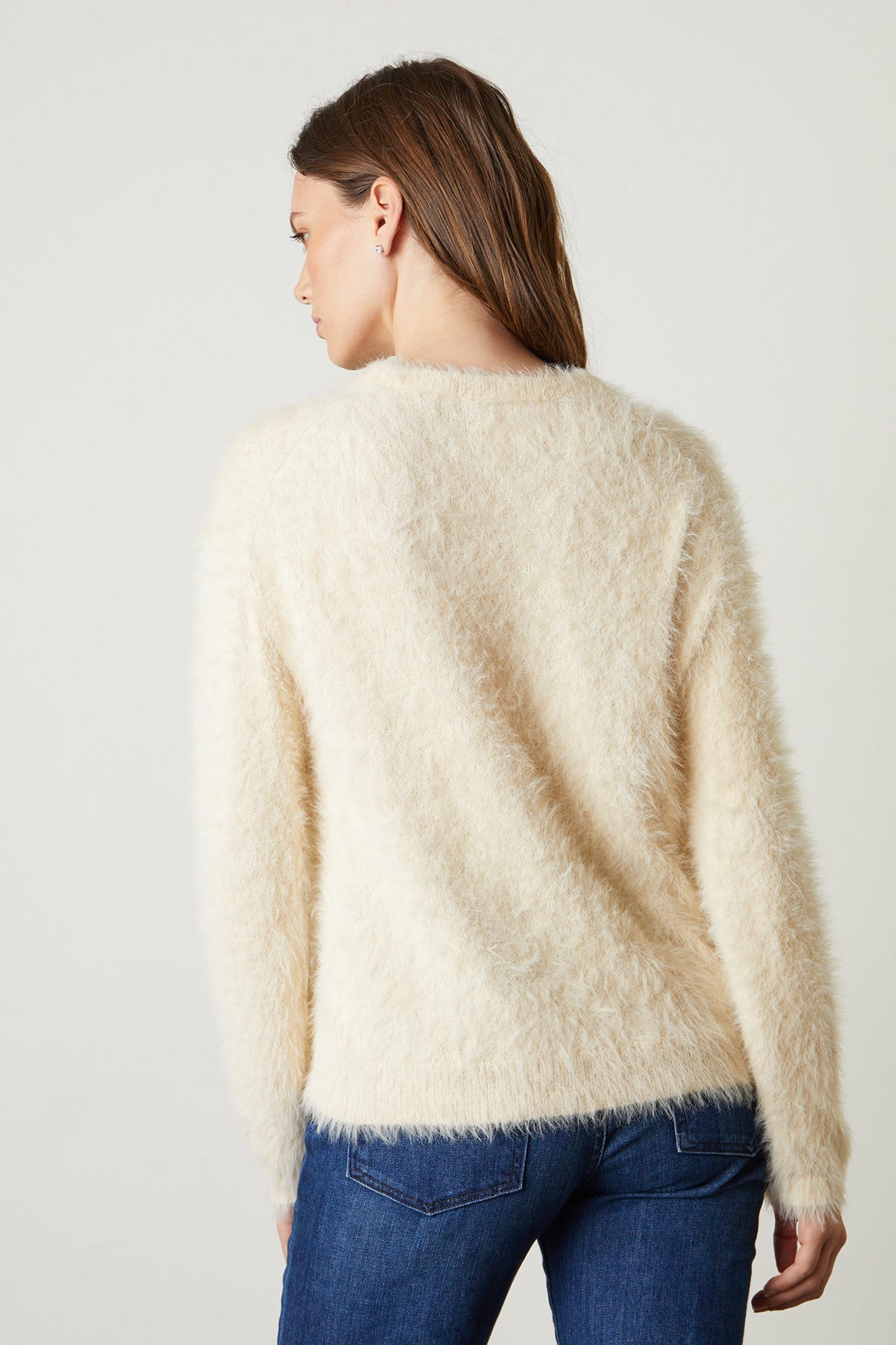 Ray Feather Yarn Crew Neck Sweater in milk back with blue denim-25444375953601