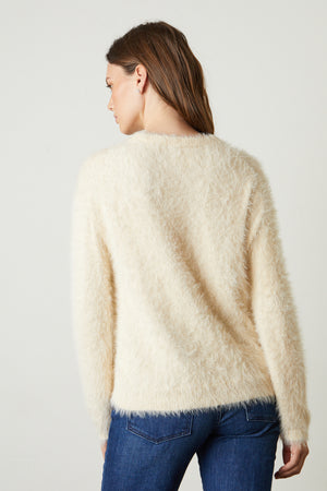 Ray Feather Yarn Crew Neck Sweater in milk back with blue denim