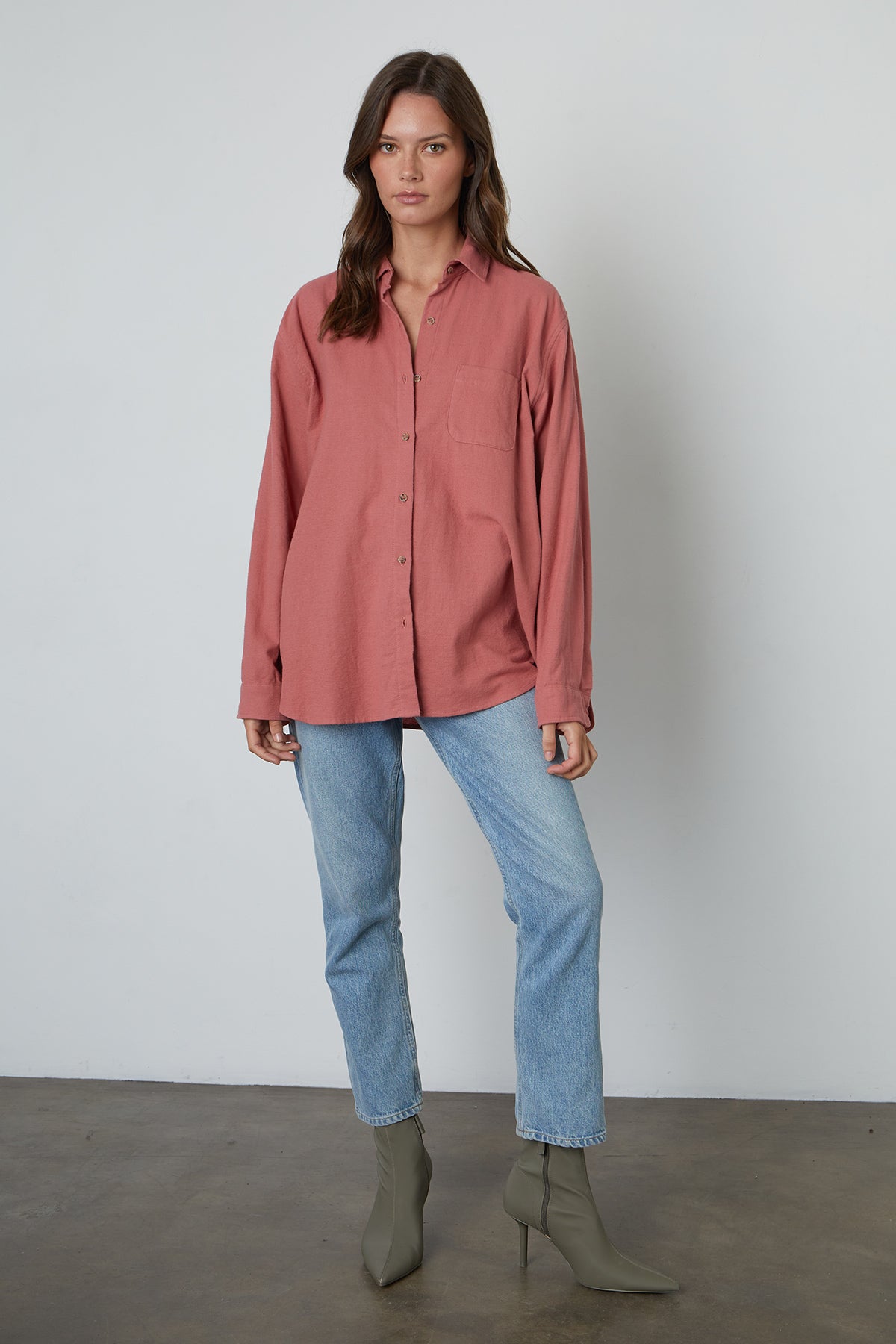   Chelsey Button-Up Shirt in Cranapple colored flannel front with light blue denim 