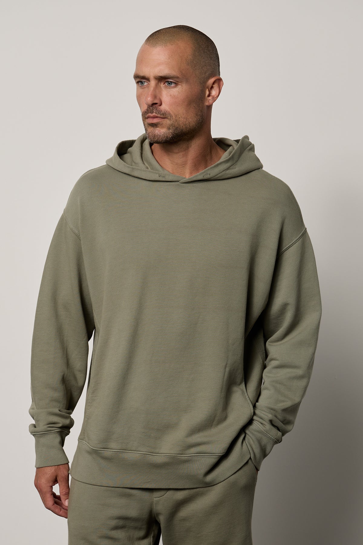 Dan Hoodie in camp muted green french terry with Kane short front-26249371812033