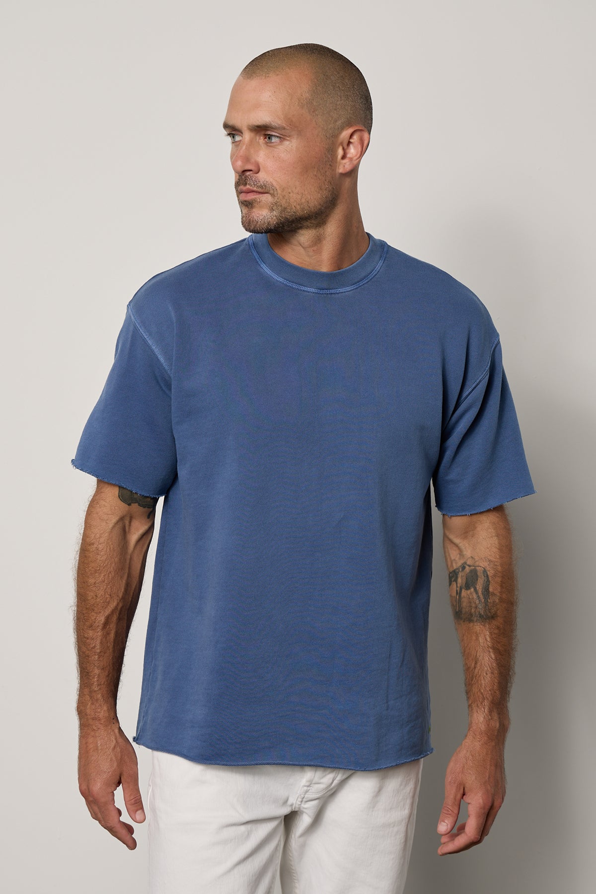   Saul Crew Neck Tee in anchor blue french terry and white denim front 