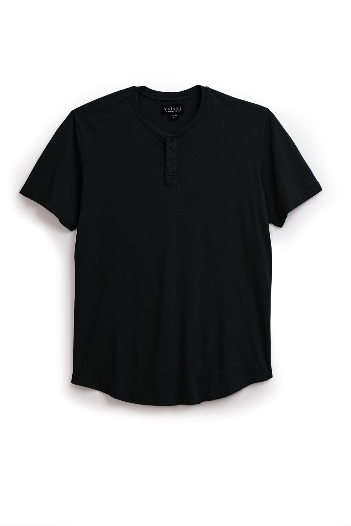   A plain black short-sleeved Fulton henley tee by Velvet by Graham & Spencer with a three-button placket and a curved hemline on a white background. 