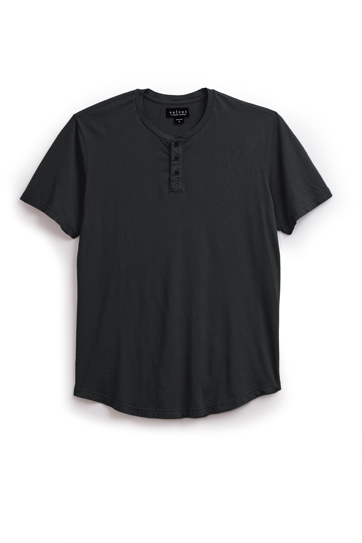   Black Fulton Henley tee with short sleeves and a button placket, isolated on a white background by Velvet by Graham & Spencer. 