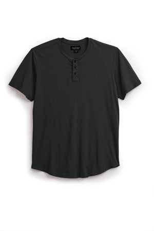 Black Fulton Henley tee with short sleeves and a button placket, isolated on a white background by Velvet by Graham & Spencer.