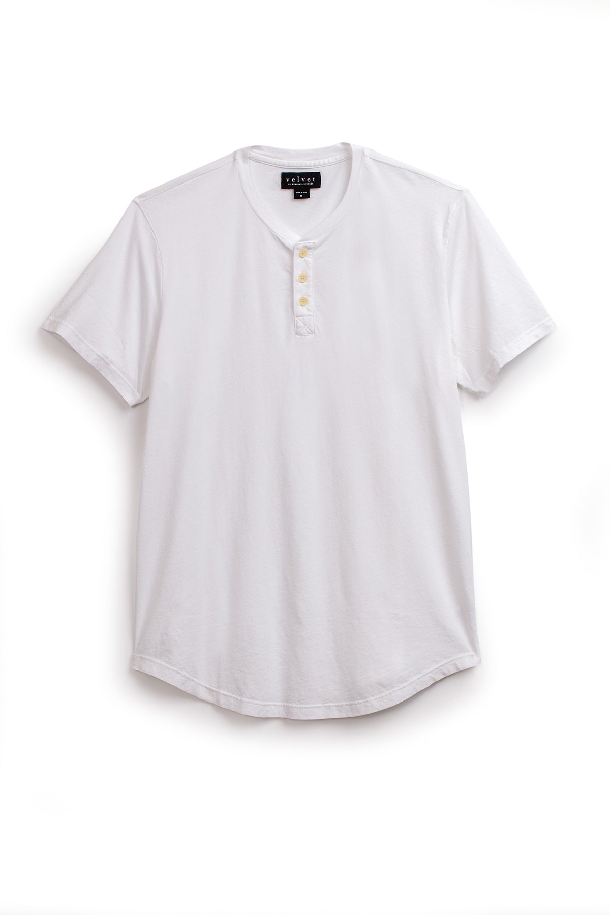   White FULTON HENLEY tee with short sleeves and a three-button placket, crafted from lightweight cotton jersey, displayed flat on a white background. 