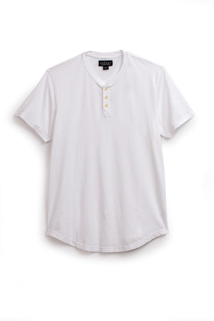 White FULTON HENLEY tee with short sleeves and a three-button placket, crafted from lightweight cotton jersey, displayed flat on a white background.