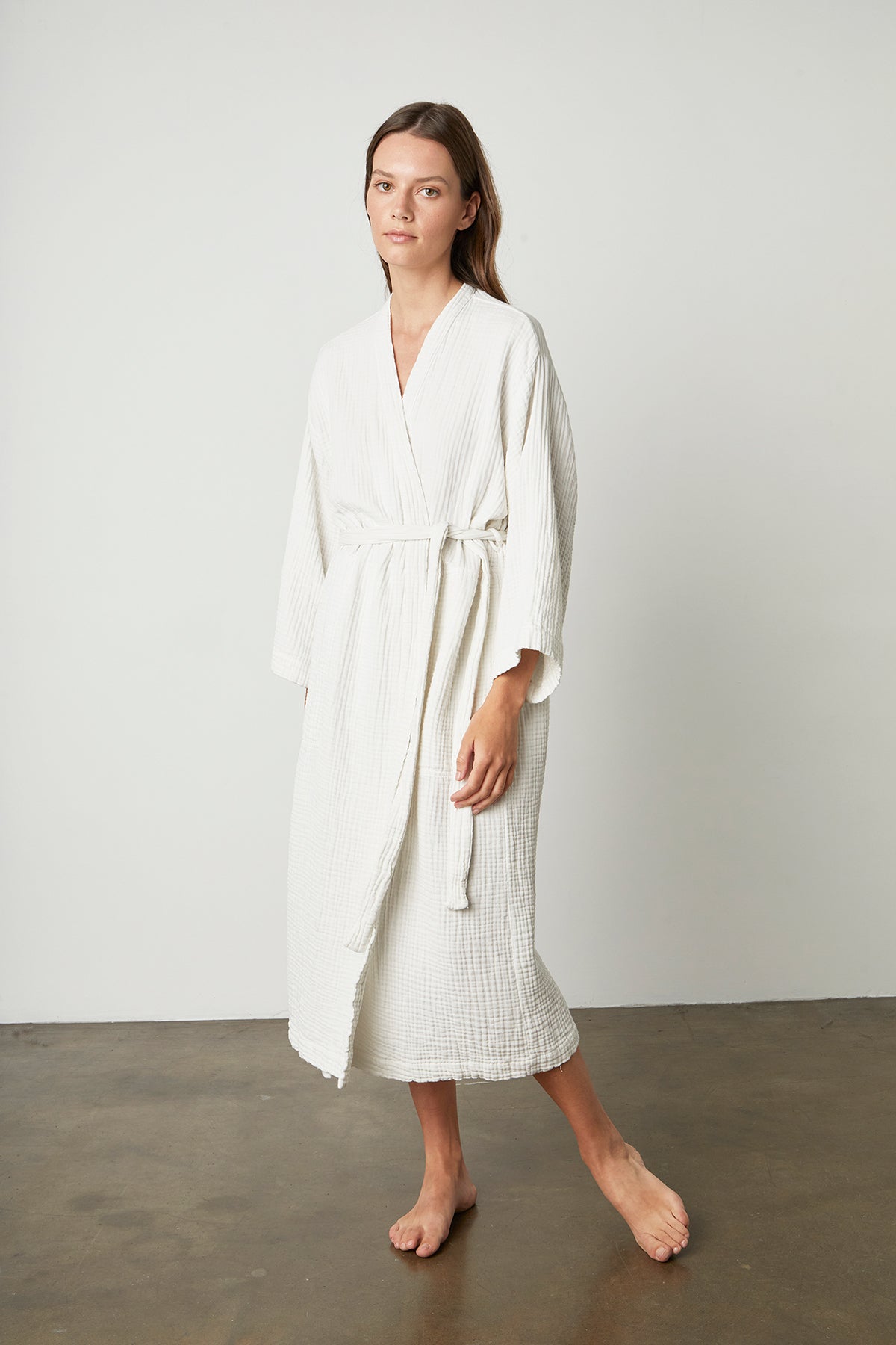 a woman wearing a Jenny Graham Home Cotton Gauze Robe.-21719762731201