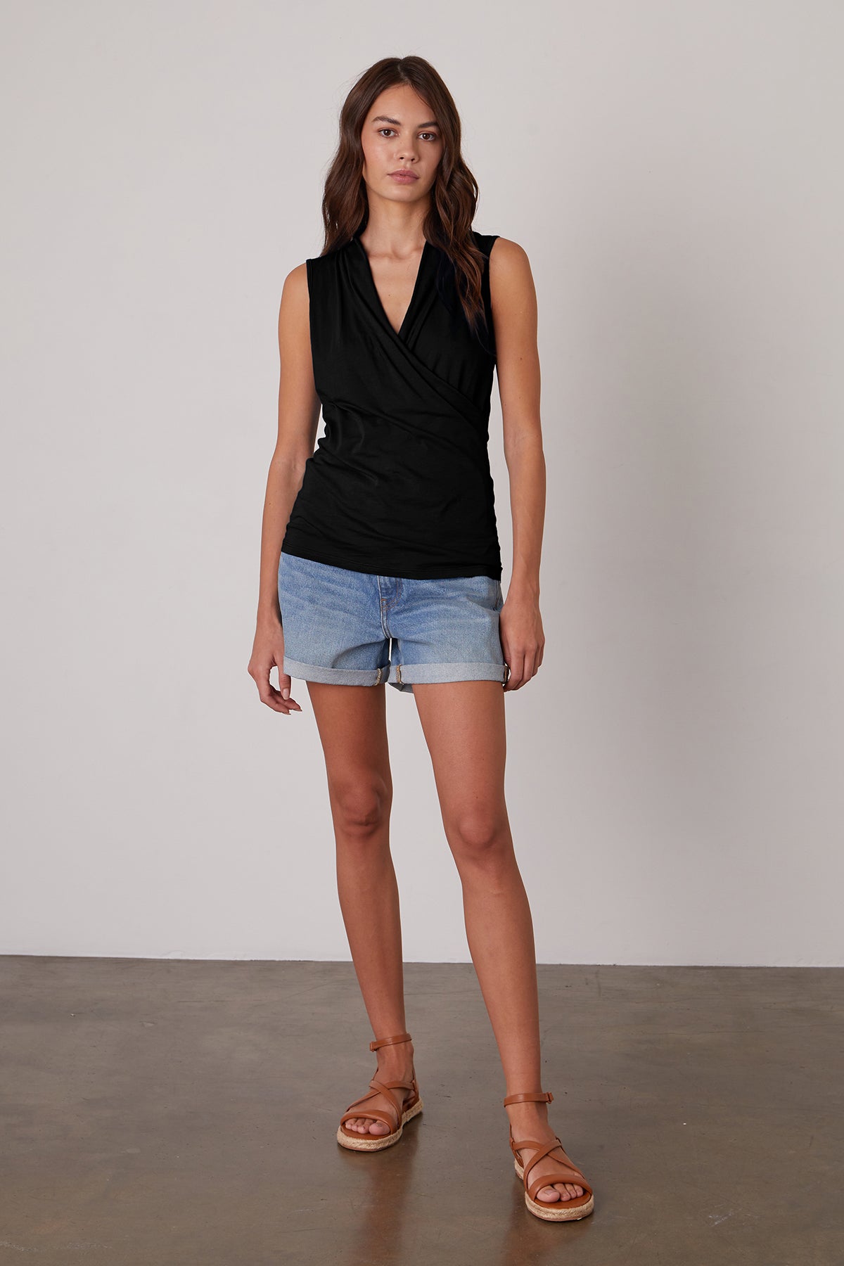 adelise fitted wrap tank black with natalie shorts front full length-24545346781377