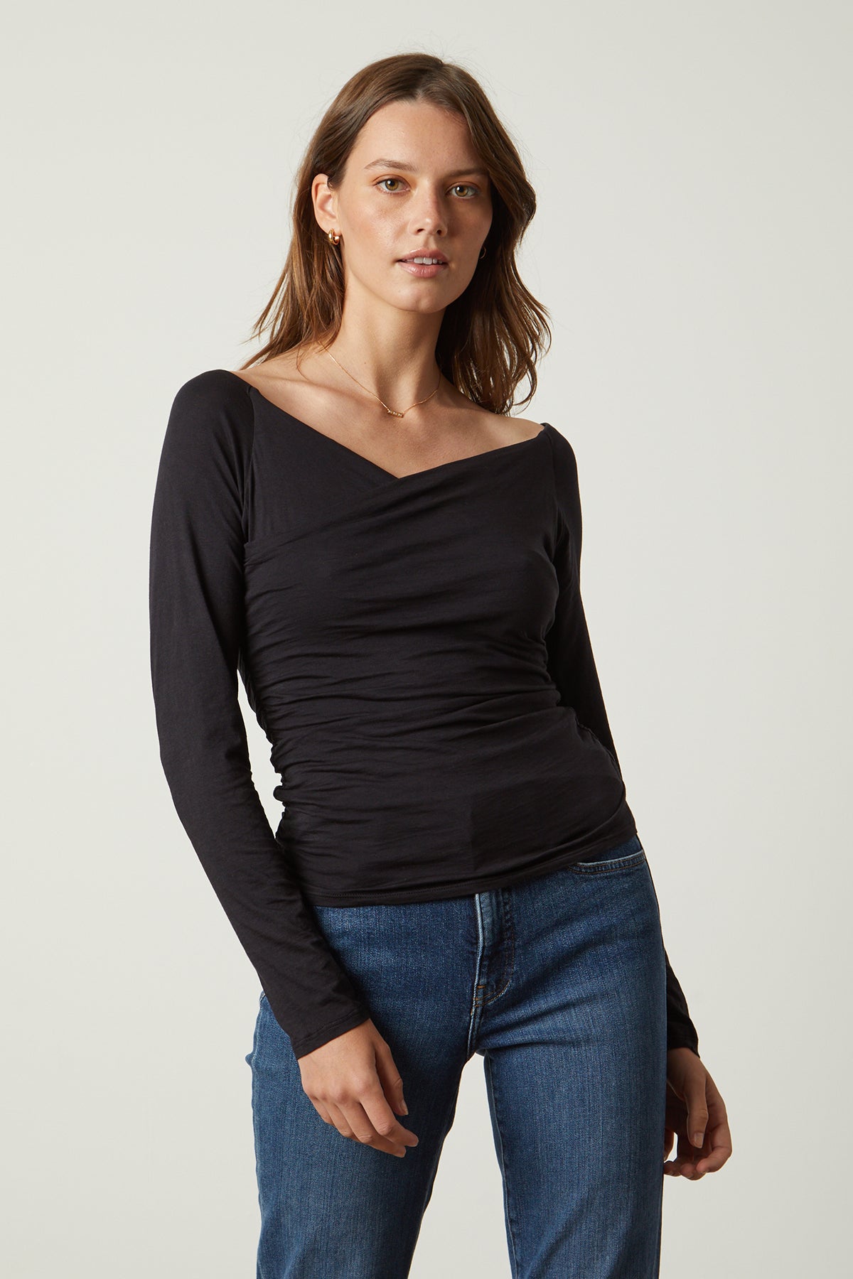   Tabbie Shirred Fitted Tee in black with blue denim front 