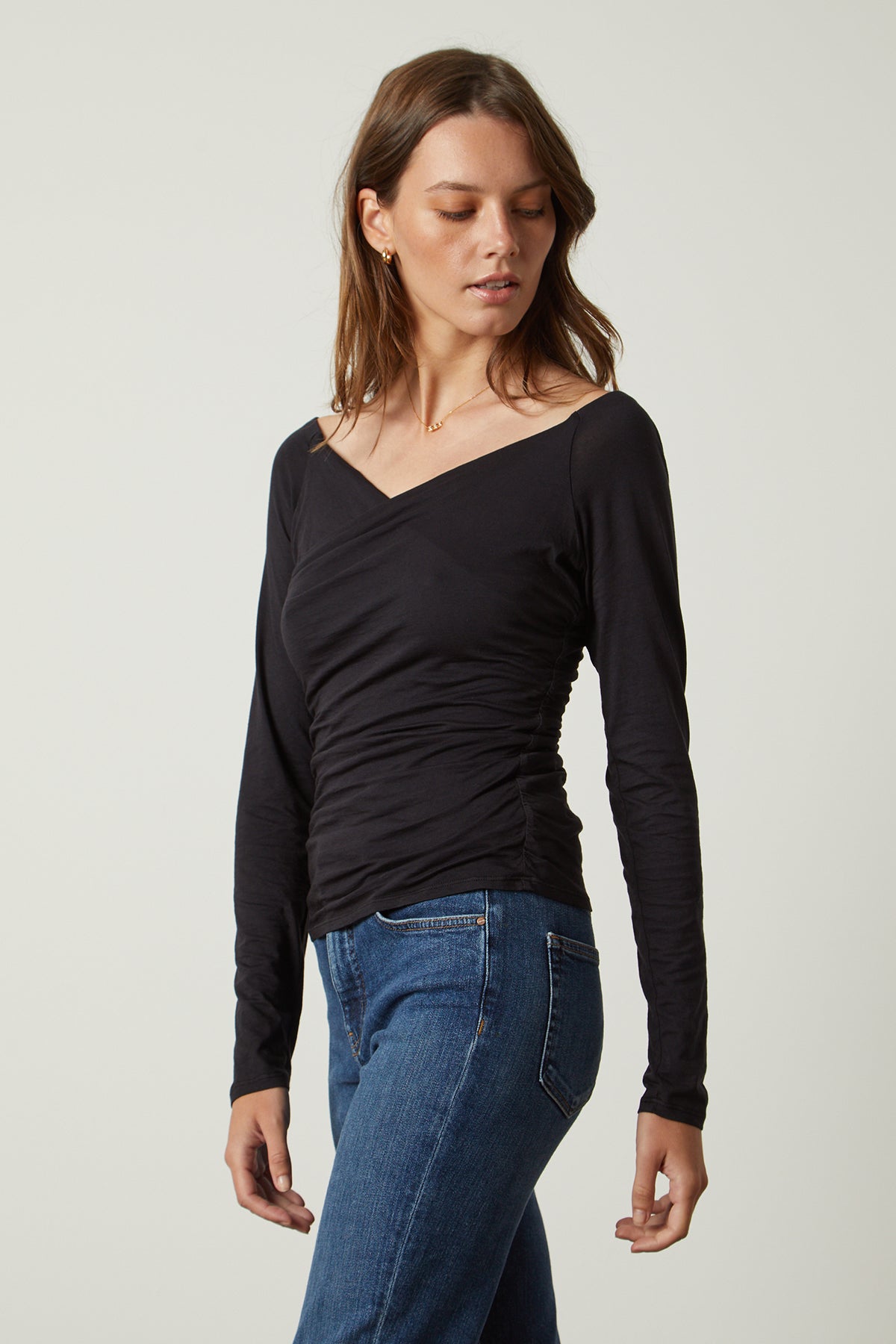   Tabbie Shirred Fitted Tee in black with blue denim front & side 