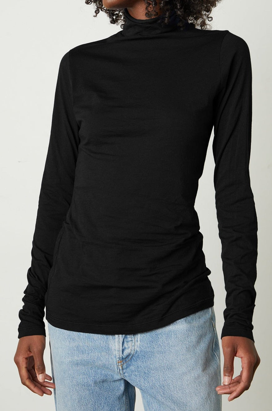   Talisia Gauzy Whisper Fitted Mock Neck Tee in black front  