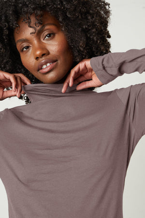 Talisia Gauzy Whisper Fitted Mock Neck Tee in Fawn front close up detail