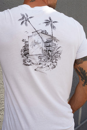 Back detail of white Angelo crew neck tee with black sketch graphic on back representing Los Angeles with building and palm trees.
