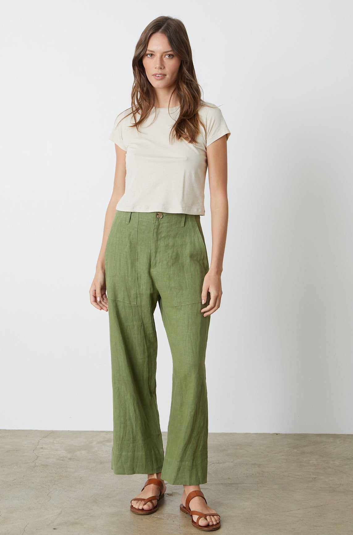 Nina Tee in bisque with Dru pant in basil full length front-26296061132993