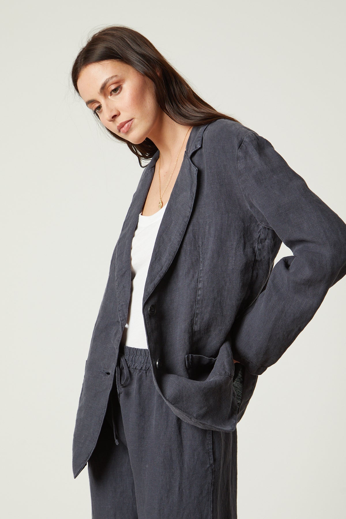   Cassie Blazer in navy copen color with Gwyneth pant front & side 