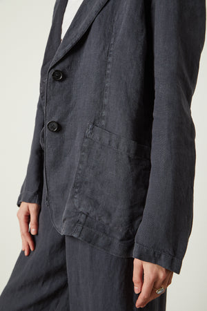 Cassie Blazer in navy copen color with Gwyneth pant close up side with pocket