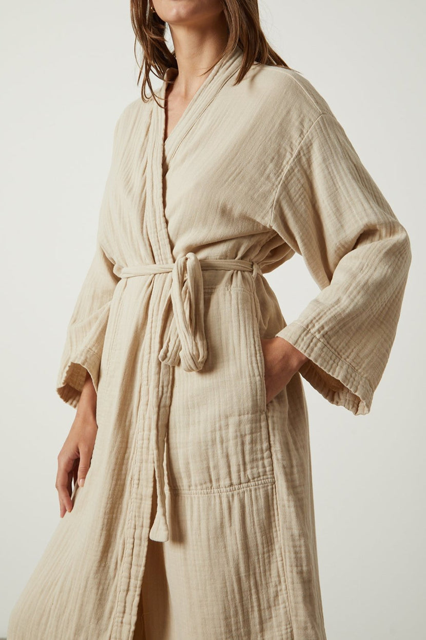 a model wearing a Jenny Graham Home COTTON GAUZE ROBE.