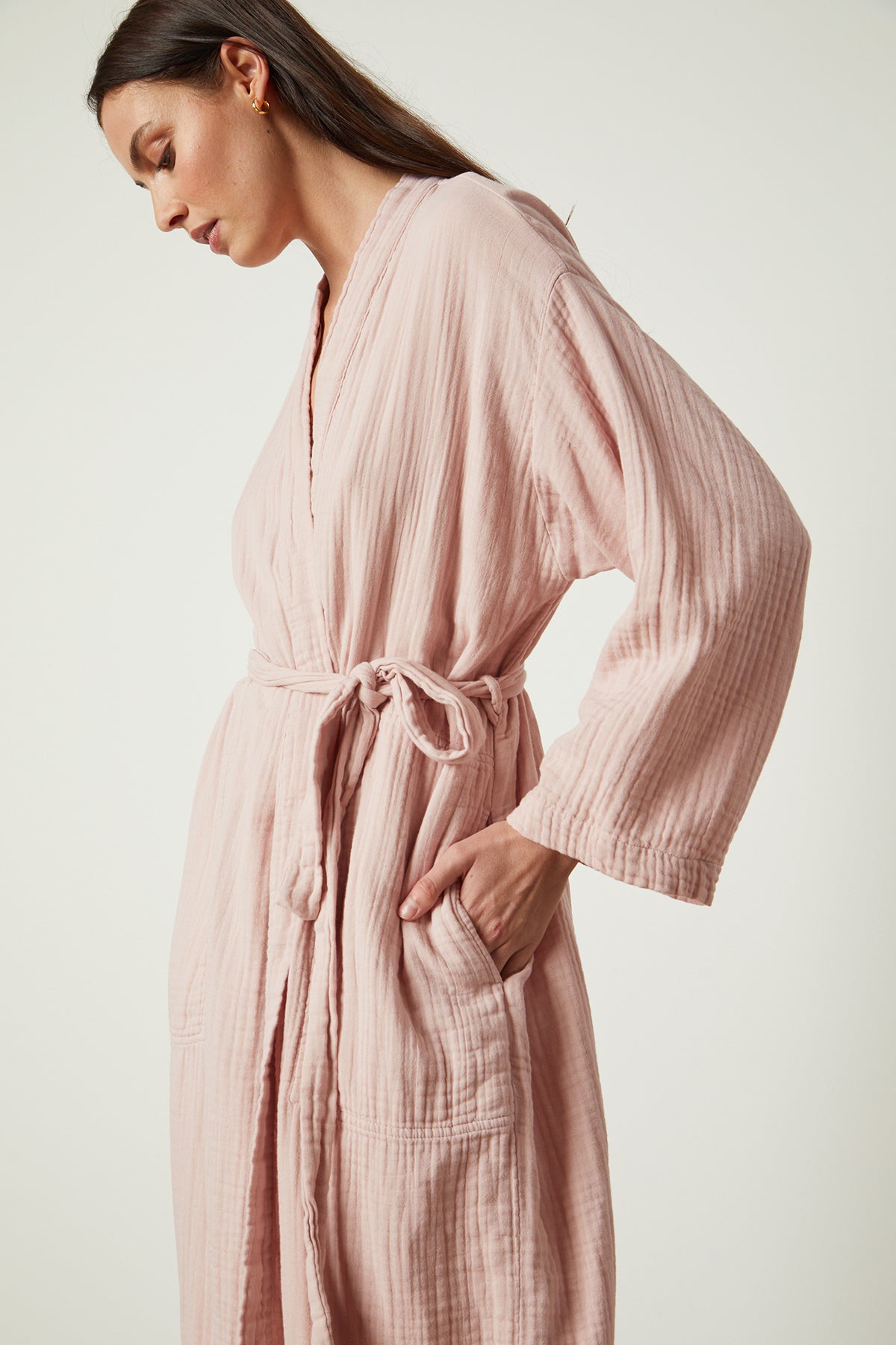 a woman wearing a Jenny Graham Home Cotton Gauze Robe.-25519573500097