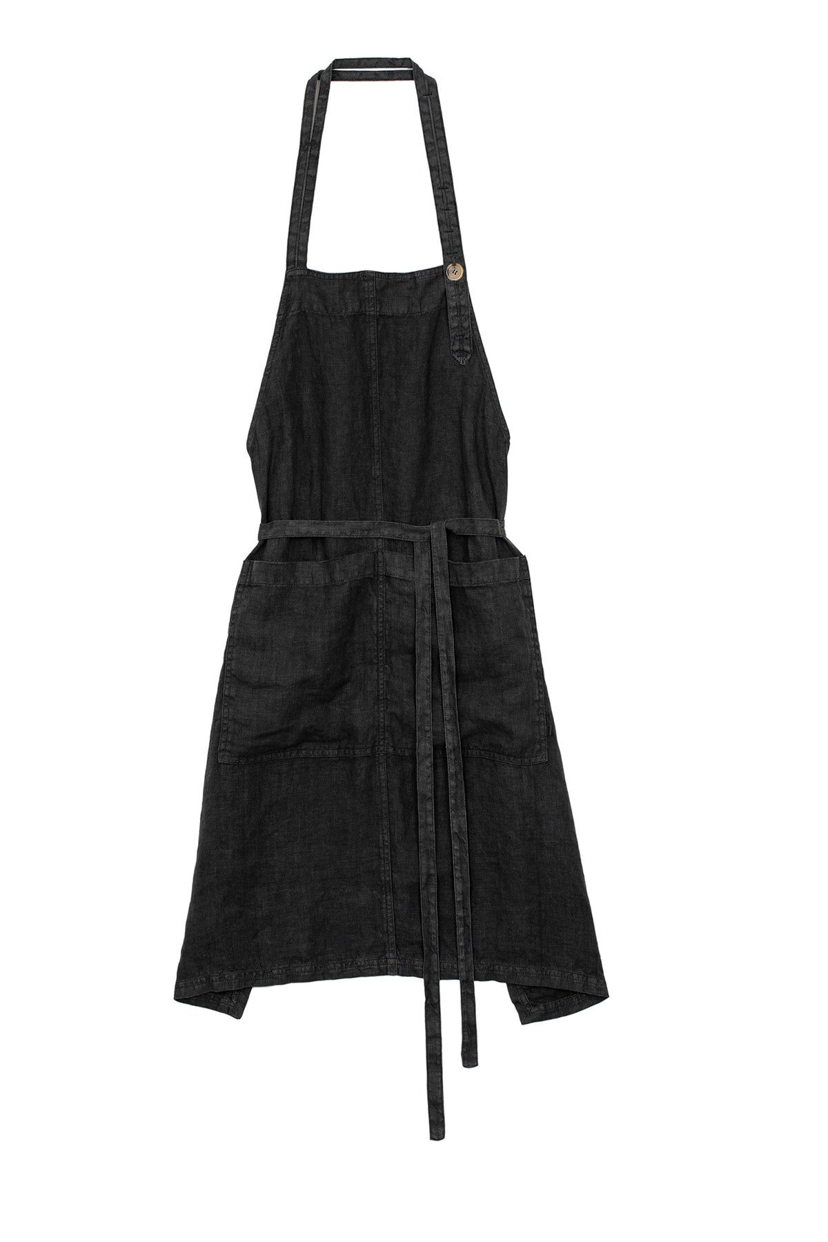 Jenny Graham Home's LINEN APRON: Black unisex apron with an adjustable neck strap and tie waist, featuring durable linen and two front pockets.-25520474489025