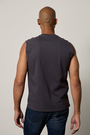The back view of a man wearing a Velvet by Graham & Spencer LAYNE CREW NECK MUSCLE TEE
