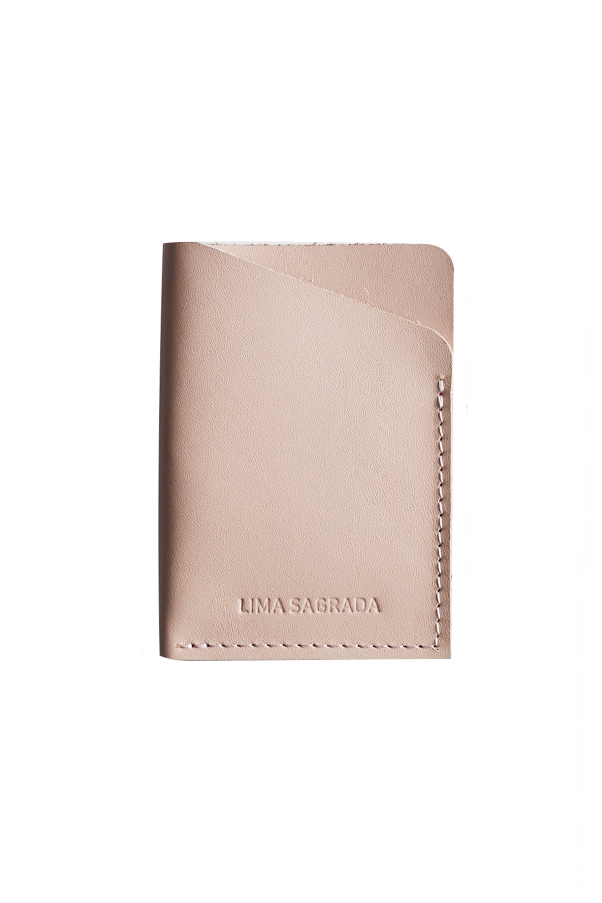  A pink SOFT LEATHER CARD HOLDER BY LIMA SAGRADA, designed by local artisans, featuring the word 