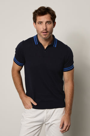 Hogan Polo in navy linen blend with double stripes on collar and sleeves with white denim front