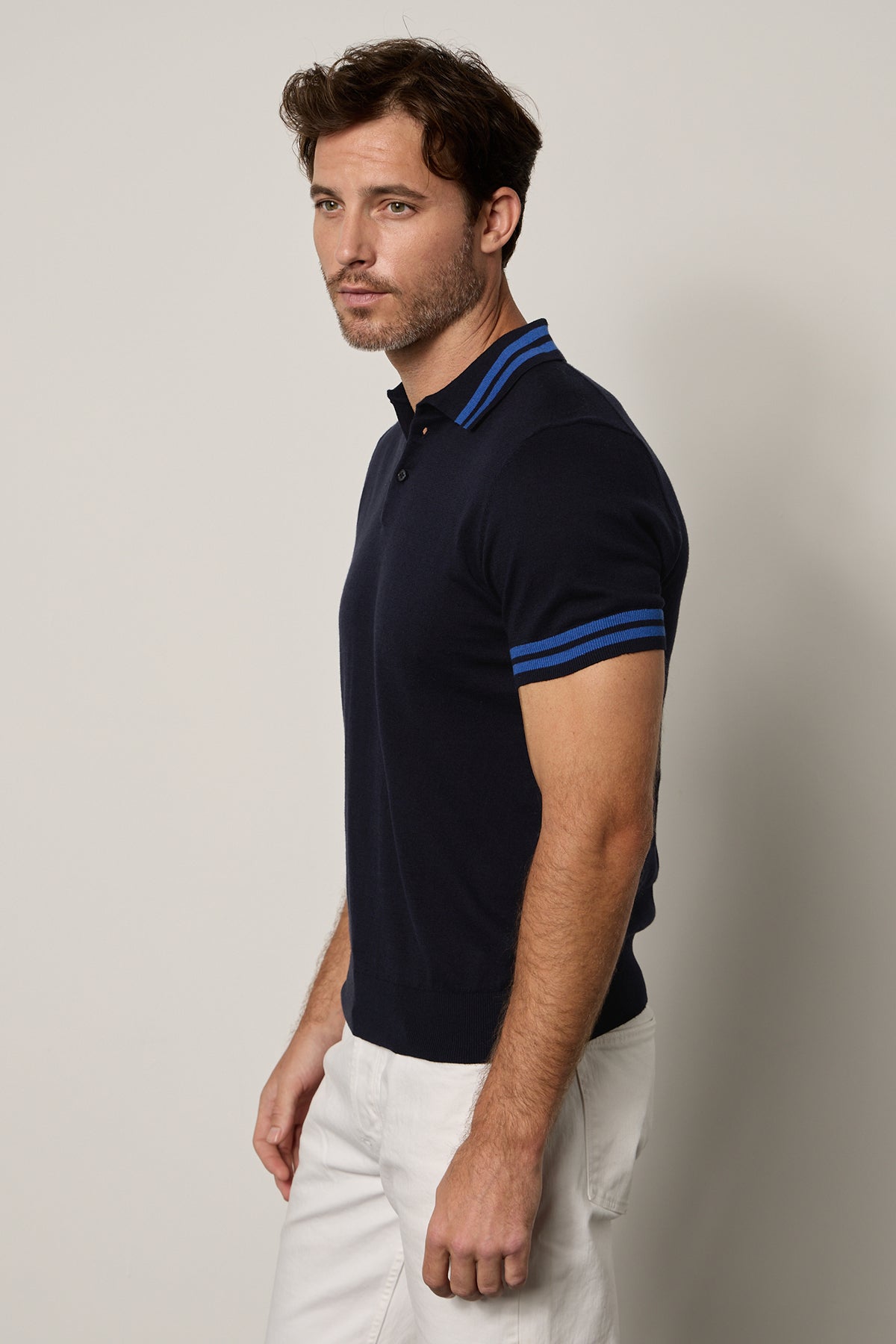   Hogan Polo in navy linen blend with double stripes on collar and sleeves with white denim side 