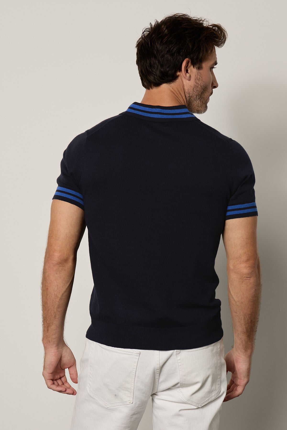 Hogan Polo in navy linen blend with double stripes on collar and sleeves with white denim back-26249278554305