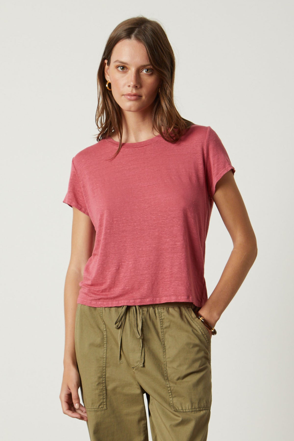   Casey Tee in calypso with Misty pant in forest front 